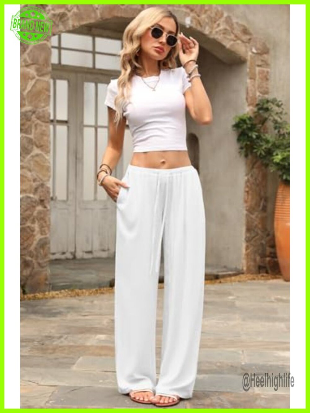 Wide Leg Linen Pants, Cotton-Linen Blend Palazzo Trousers, Low Rise Drawstring - Picture 5 of 6